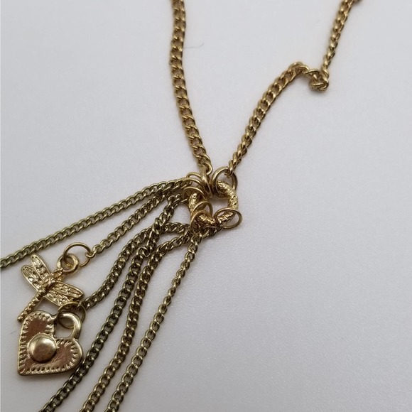 Gold Tone Lariat Necklace with Dangling Charms Hearts, Dragonfly & 4 Leaf Clover - Picture 5 of 7